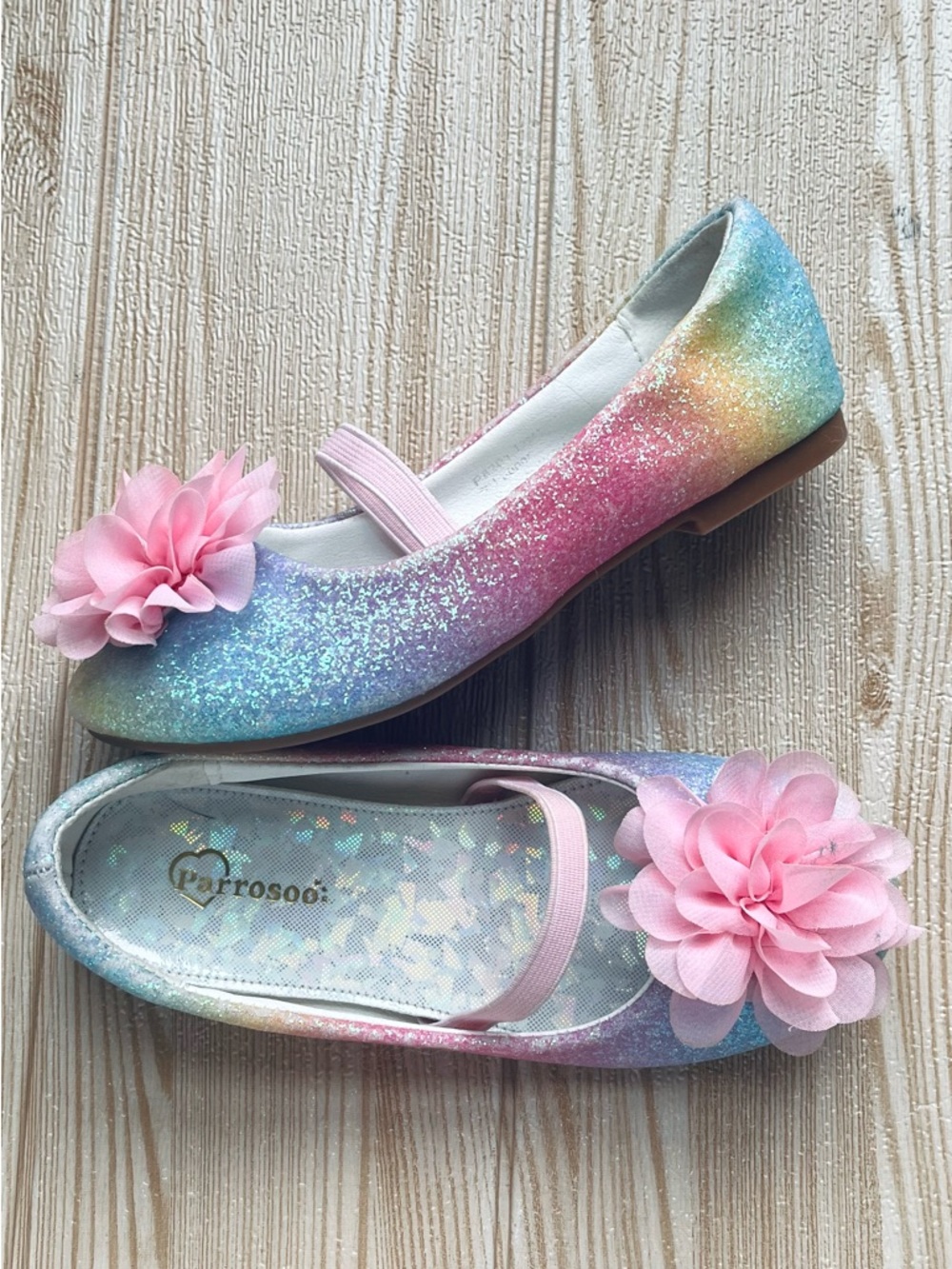 Girls' sz 12 C Rainbow Glitter Iridescent Shoes Mary Janes Pink Flower